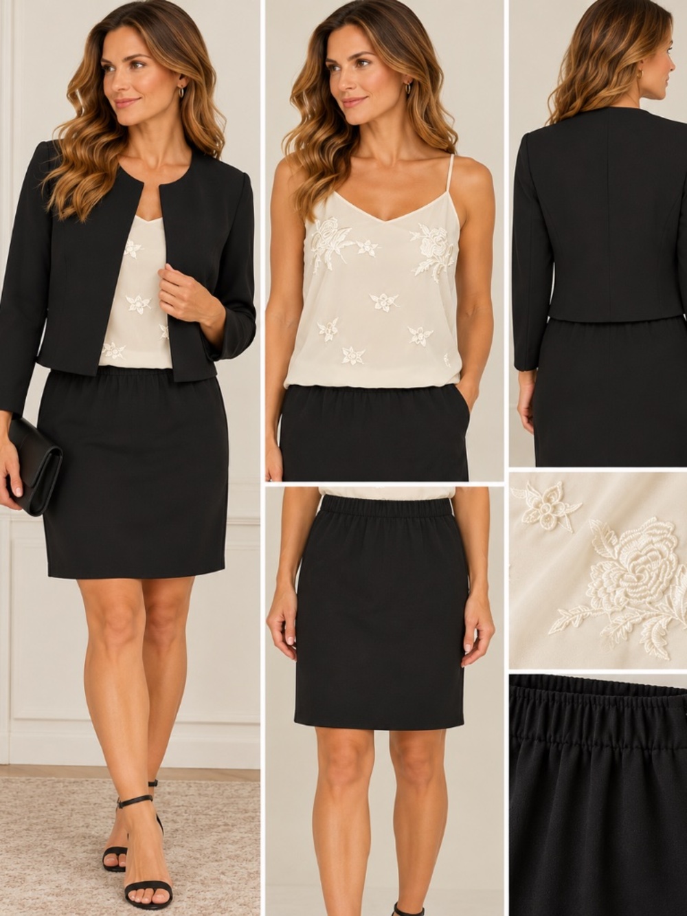 Coldwater Creek 3-Piece Black & Ivory Ensemble (Jacket, Cami & Skirt)
